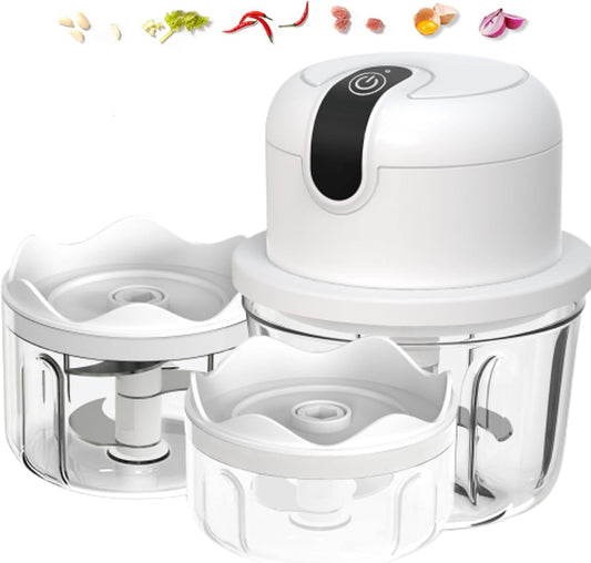 White 3 CUP Electric mini garlic crusher, USB rechargeable portable electric food crusher, wireless small kitchen processor for crushing garlic, ginger, chili, minced meat, onions, etc.(350+250+100ml)
