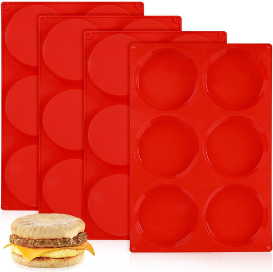 CAKETIME 4 Inch Muffin Top Pan, Silicone Egg Molds for Breakfast Sandwiches Jumbo Round Baking Pan for Oven English muffins, Whoopie Pies, Corn Bread, Egg bites, Tarts 4 Pack Red