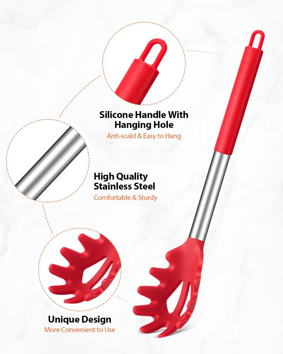 Silicone Spaghetti Spoon & Pasta Tong With Pasta Measurer, 3 Pack of Non-Stick Stainless Steel Handle Pasta Fork Set with Teeth, Food Clip for Easy Serving of Noodles (RED)