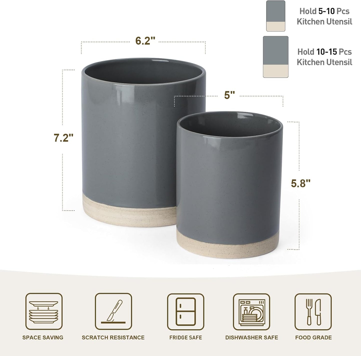 famiware Milkyway Kitchen Utensil Holder for Countertop, 7.2"+5.8" Ceramic Cooking Utensil Crocks for Counter, Utensil Organizer for Spatula & Spoon, Kitchen Decor, Set of 2, Dark Gray