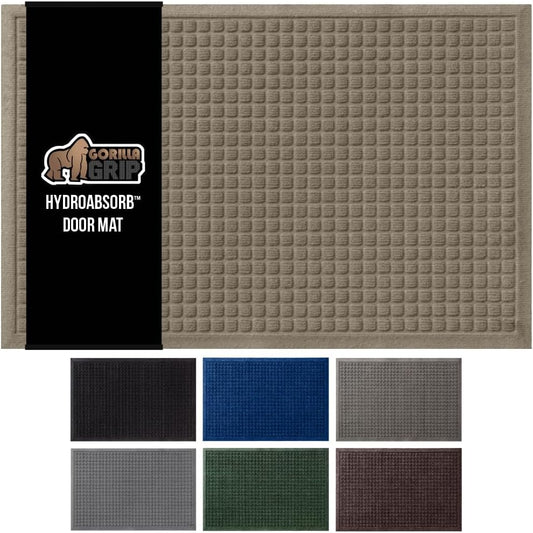 GORILLA GRIP Front Door Mat, 35x23, Indoor Outdoor Ultra Absorbent HydroAbsorb Doormat, Absorbs Up to 5.7 Cups of Water, Stain and Fade Resistant, Rubber Backing Doormats, Captures Dirt, Beige