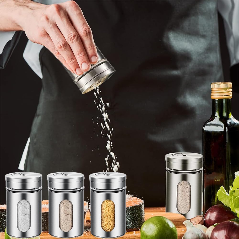 6 Pack Salt and Pepper Shakers, 80ml Spice Jars with Shaker lids, Salt Shakers Glass with Adjustable Pour Holes, Stainless Steel Seasoning Containers, Spice Bottles Glass for Kitchen