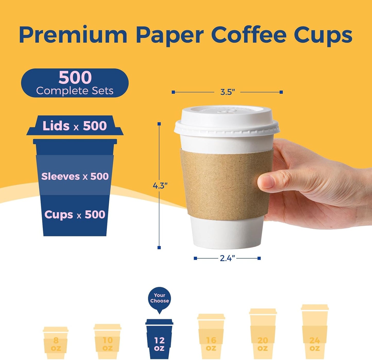 Fit Meal Prep 500 Pack 12 oz Disposable Coffee Cups with Lids, Sleeves, Leak-Proof To Go Coffee Cups with Lids, Durable Hot Paper Cups for Home, Office, Party, Business