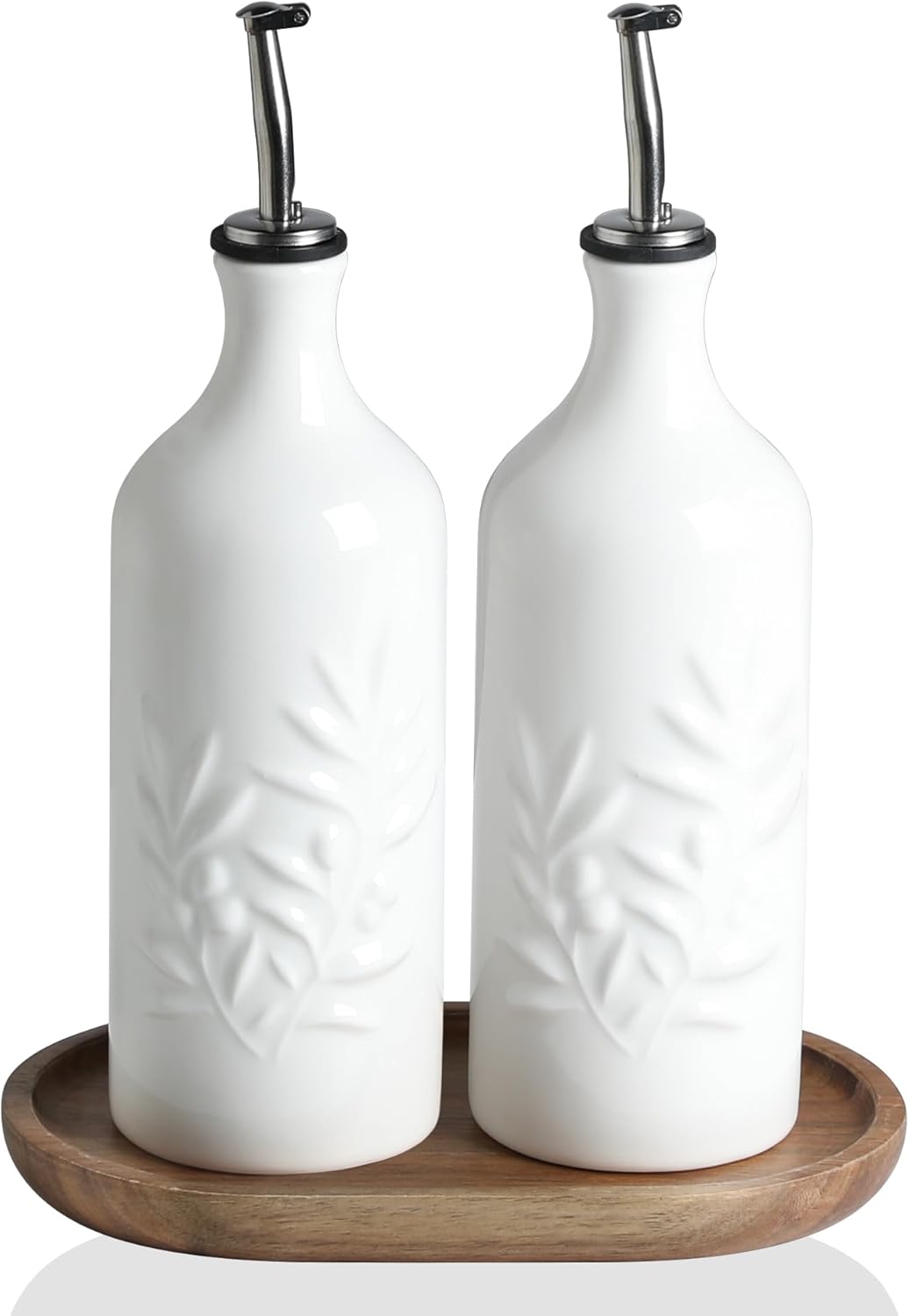 Sweejar Ceramic Olive Oil Dispenser Bottle, 20 Oz Relief Opaque Oil Cruet Protects To Reduce Oxidation, Suitable for Storage,Vinegar, Soy Sauce,Liquids,Set of 2 (White White)