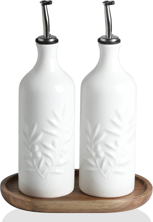 Sweejar Ceramic Olive Oil Dispenser Bottle, 20 Oz Relief Opaque Oil Cruet Protects To Reduce Oxidation, Suitable for Storage,Vinegar, Soy Sauce,Liquids,Set of 2 (White White)
