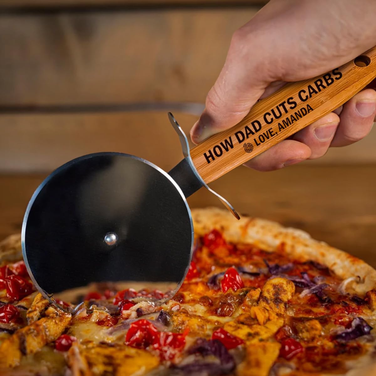 Pizza Cutter Wheel with Sharp Blade - Gifts for Men, Women, Gift for Husband, Birthday & Christmas Gift - Wooden Pizza Wheel Cutter (How Dad Cuts Carbs)