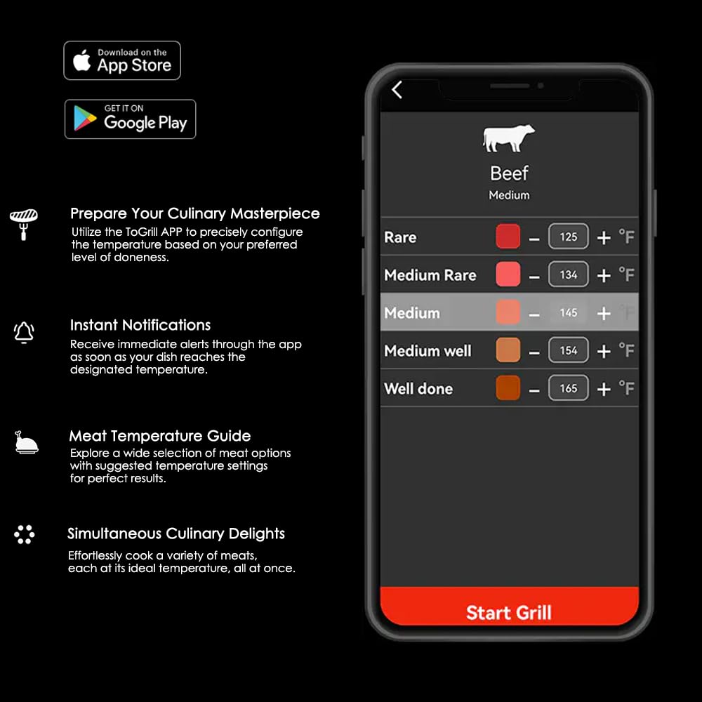 Smart Wireless Meat Thermometer for Grilling and Smoking – Bluetooth 5.2, 150m Range, IP65 Waterproof Probe – Rechargeable USB-C BBQ Thermometer for Smoker, Oven, Rotisserie