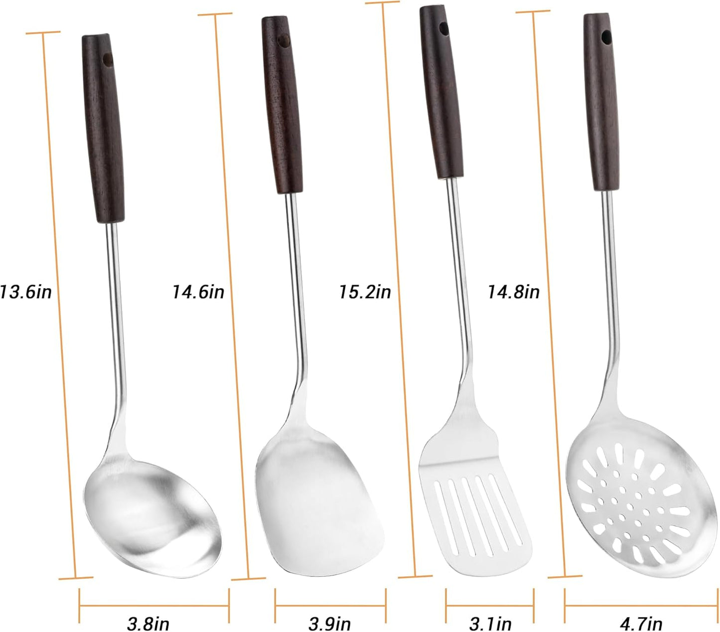 FJNATINH Cooking Utensils - Spatula, Ladle, Skimmer Spoon, Slotted Spatula - 4 Pieces Stainless Steel Wok Utensils Set for Carbon Steel