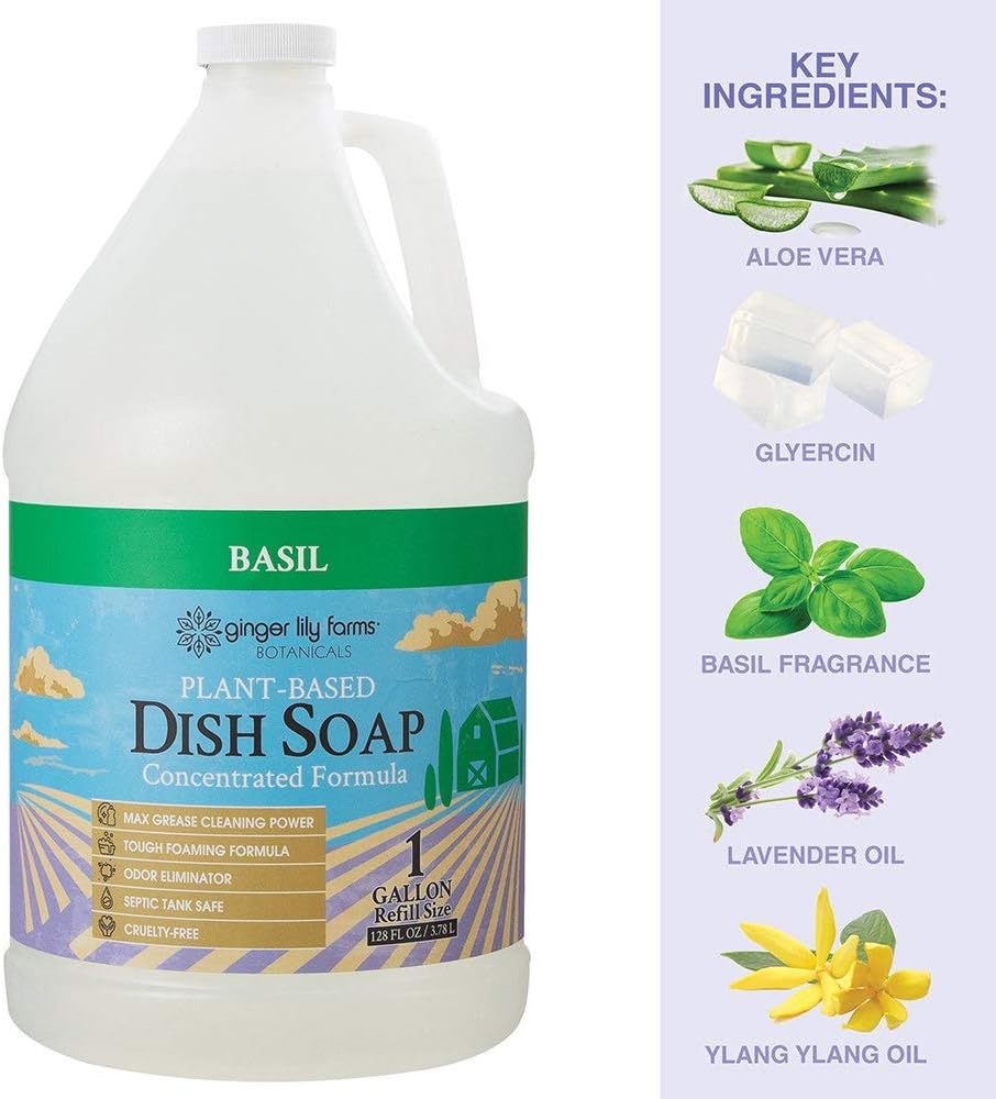 Ginger Lily Farms Botanicals Plant-Based Liquid Dish Soap, Concentrated Formula with Max Grease Cleaning Power, Cruelty-Free, Basil Scent, 1 Gallon Refill (128 Fl. Oz.)
