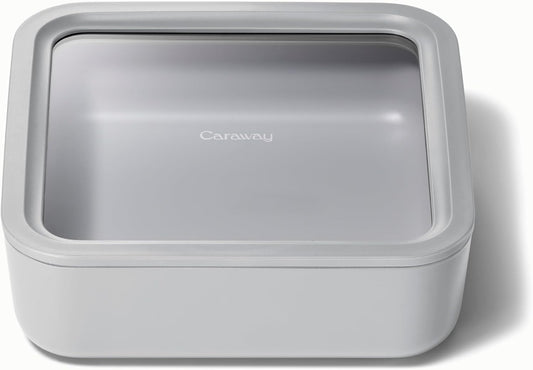 Caraway Glass Food Storage - 10 Cup Glass Container - Ceramic Coated Food Container - Non Stick Lunch Box with Lids - Dishwasher, Oven, & Microwave Safe - Square Shape - Gray
