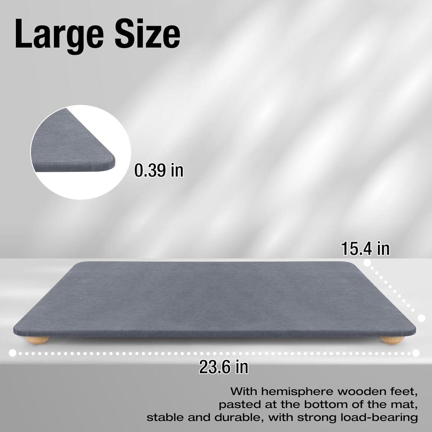 Large Stone Dish Drying Mat for Kitchen Counter, 24"×16" Quick Dry Super Absorbent Eco-Friendly Diatomaceous Earth Stone Mat with hemisphere wooden feet, Non-slip, Heat Resistant, Multi-purpose mats.