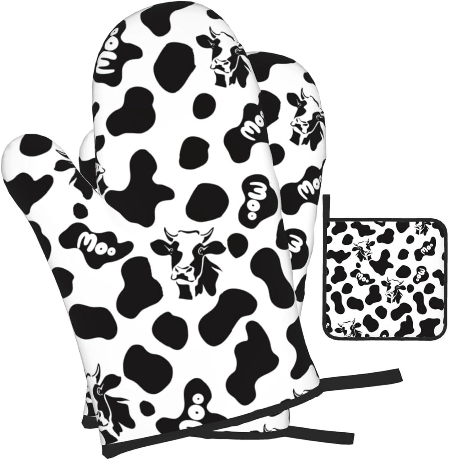 Cow Print Oven Mitts and Pot Holders Sets Heat Resistant for Kitchen BBQ Microwave Baking Grilling Cooks Set of 3 Black White Kitchen Oven Glove