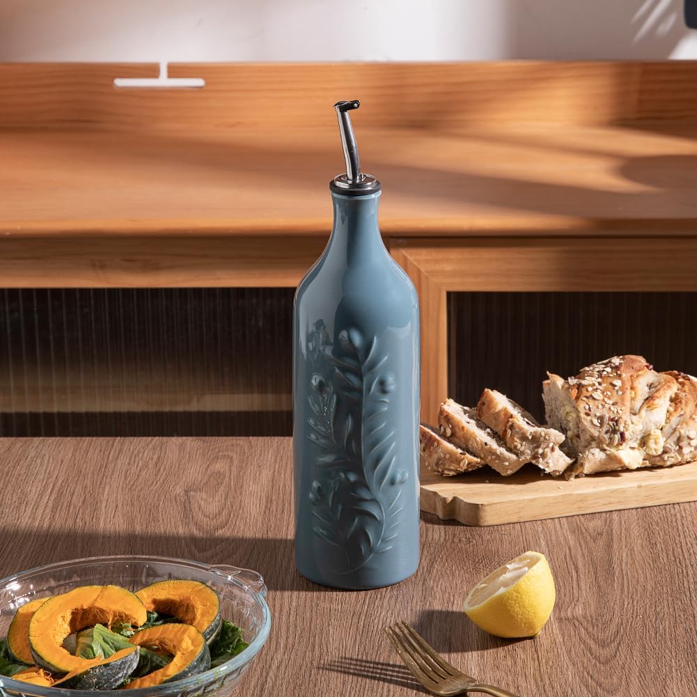 Sweejar Large Olive Oil Dispenser Bottle with Spout, 24 Oz Ceramic Oil Dispenser for Kitchen, Relief Opaque Oil Cruet, Oil Container for Cooking, EVOO, Avocado Oil, Vinegar, Pack of 1(Fog Blue)