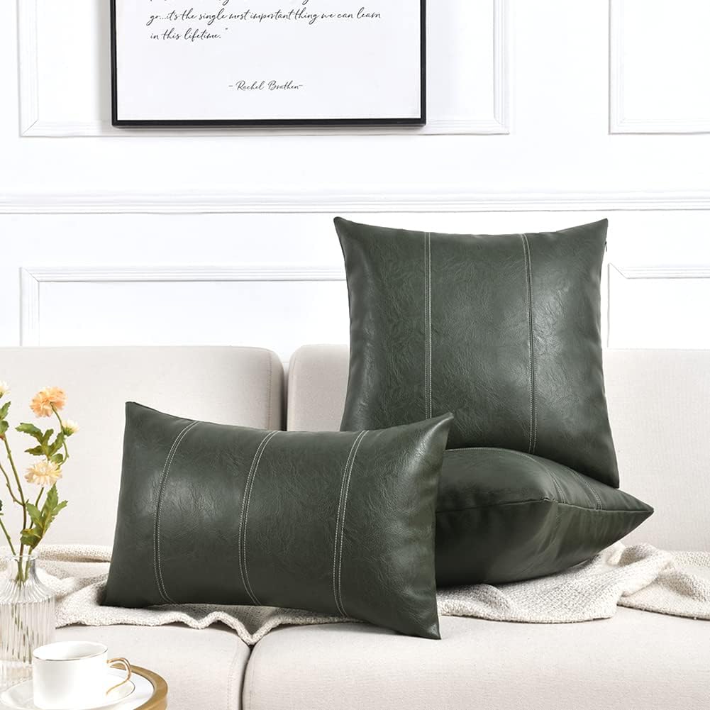 Fancy Homi Dark Green Long Lumbar Faux Leather Decorative Throw Pillow Covers 14x24 Inch for Living Room Couch Bed, Modern Farmhouse Boho Home Decor, Olive Green Hand Stitched Cushion Case 35x60 cm