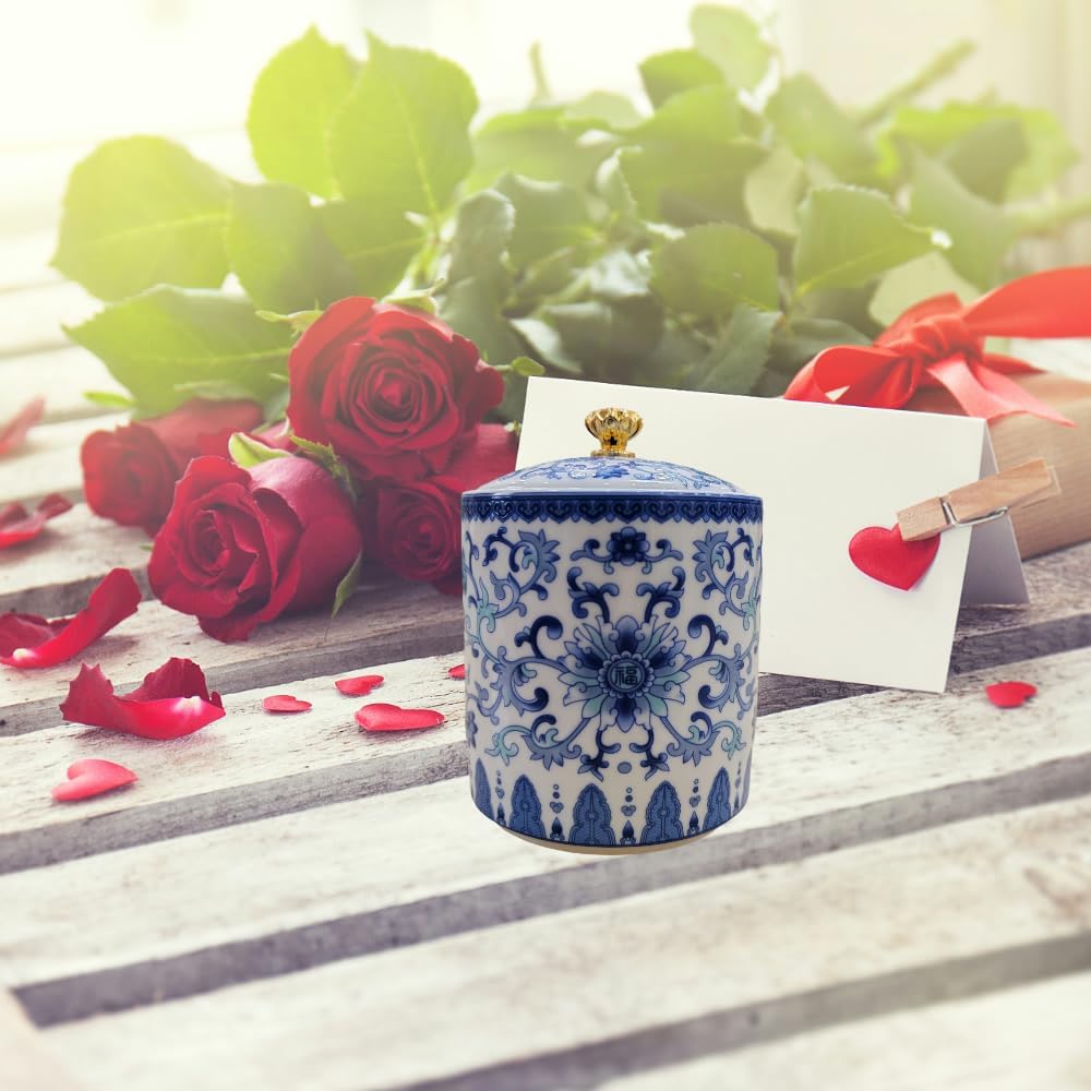 Small Vintage Blue and White Porcelain Salt Cellar with Lid Ceramic Salt Holder Container for Countertop, Airtight Spice Jar, Kitchen Storage Dish