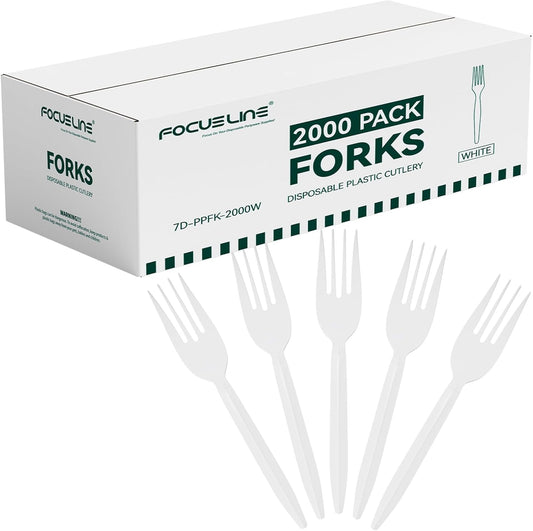 FOCUSLINE 2000 Pack White Plastic Forks Bulk, Heat Resistant Disposable Forks, Plastic Silverware for Take out Restaurants, Parties, Picnics, Travel & Any Events
