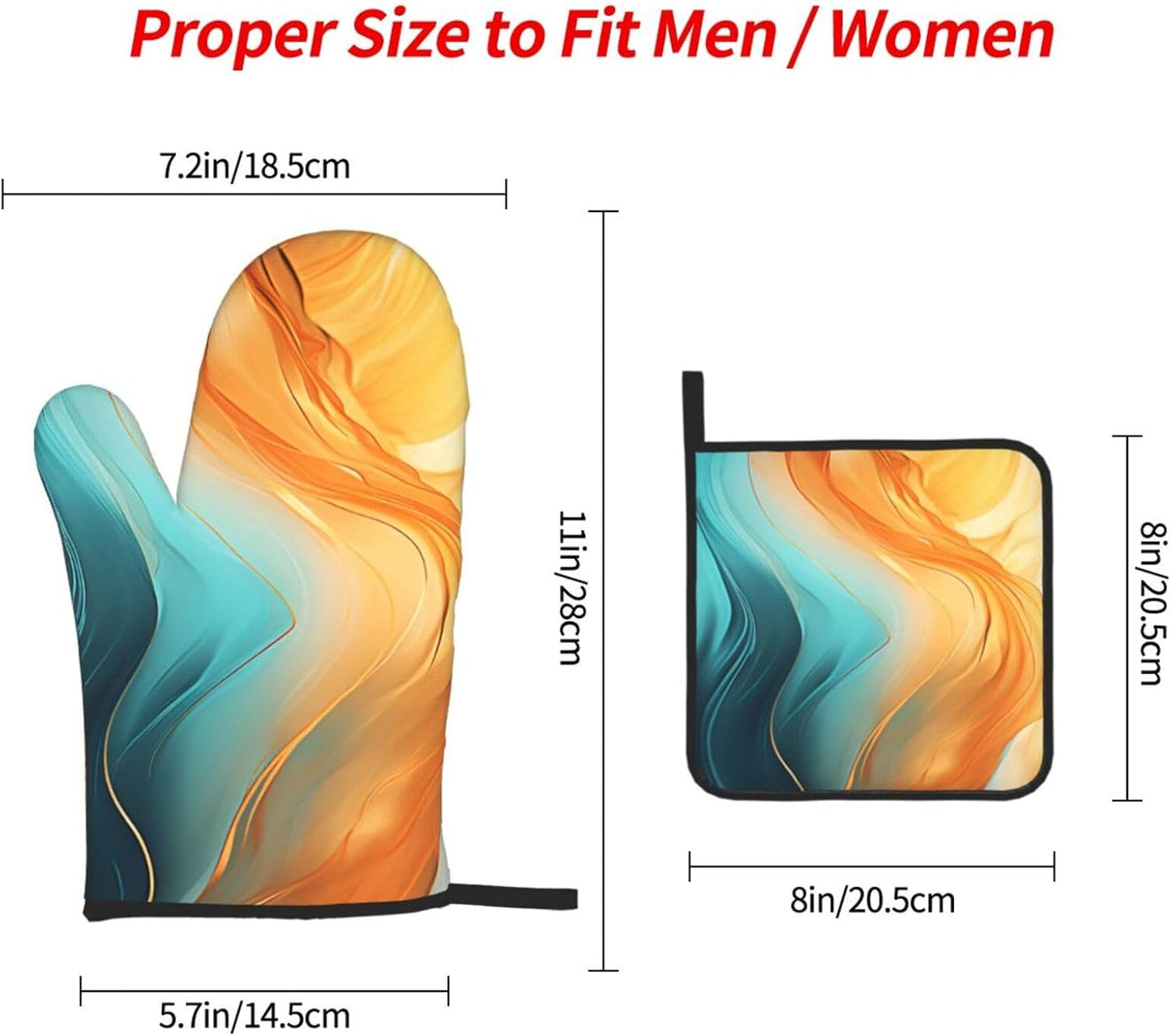 Orange Teal Marble Oven Mitts and Pot Holders Sets of 3 Kitchen Hot Pads Modern Oven Gloves Heat Resistant Washable for Cooking Grilling Baking Holiday Kitchen Decor