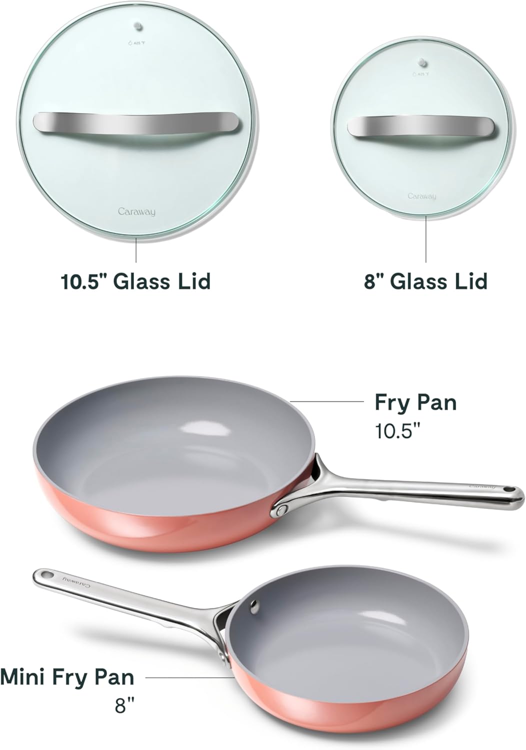 Caraway Ceramic Nonstick Fry Pan Set with Glass Lids – Includes Two 10.5” Fry Pans, One 8” Fry Pan, & Three Lids - Non Toxic, PTFE & PFOA Free - Oven Safe & Compatible with All Stovetops - Perracotta