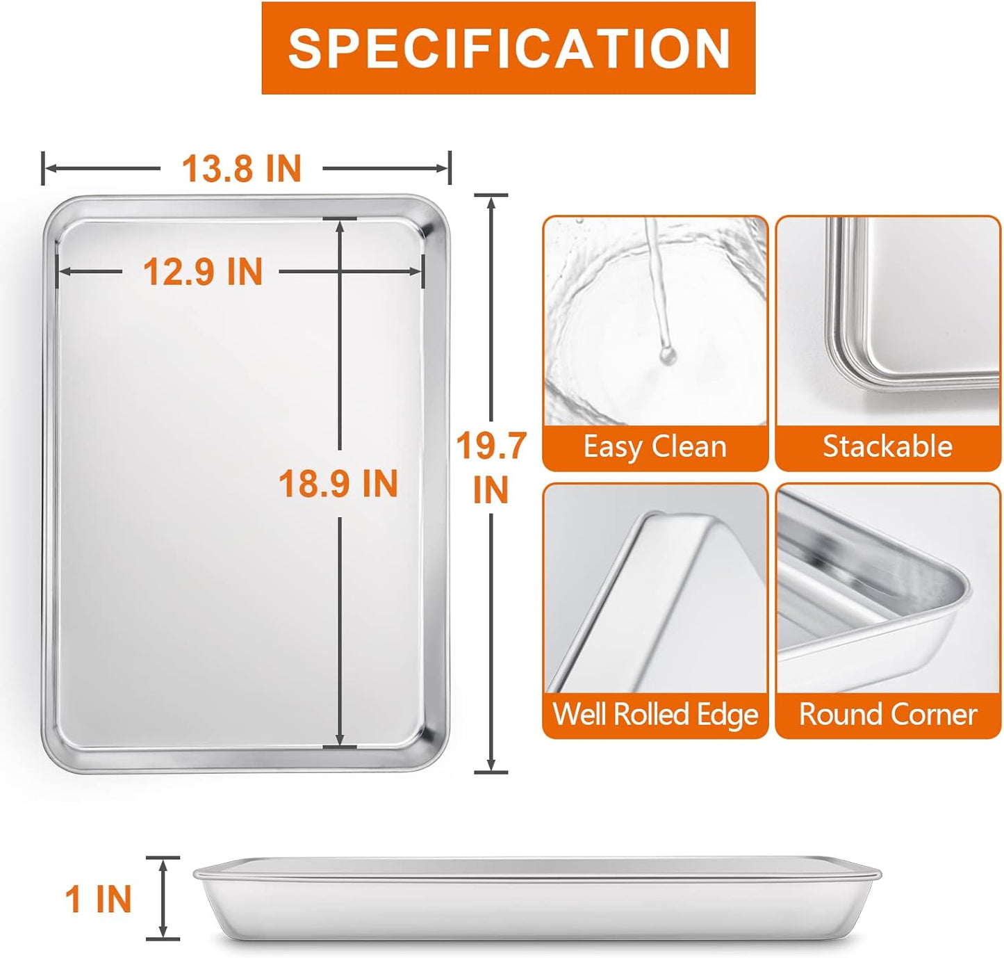 E-far Extra Large Baking Sheet, 20”x14” Stainless Steel Cookie Sheet Pan for Oven with 50 Parchment Paper, Rectangle Metal Baking Tray for Roasting, Rust Free & Heavy Duty, Dishwasher Safe-2 Pack