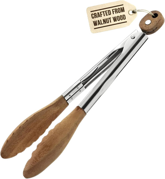 Boxiki Kitchen 9 Inch Tongs for Cooking with Wooden Tips - Nonstick Kitchen Tongs for Serving Food, Grilling, Cooking, BBQ and Tossing Salad - Made of Natural Walnut Wood