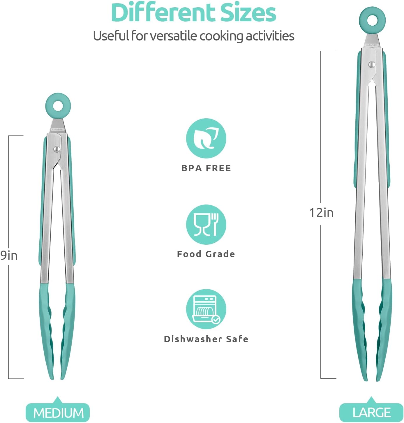 600ºF Heat Resistant Kitchen Tongs: U-Taste 9+12 inch Silicone Cooking Tong Set with Firm Sealed Non Stick Rubber Tips and Silicon Coated 18/8 Stainless Steel Handle for Serving Grilling (Aqua Sky)