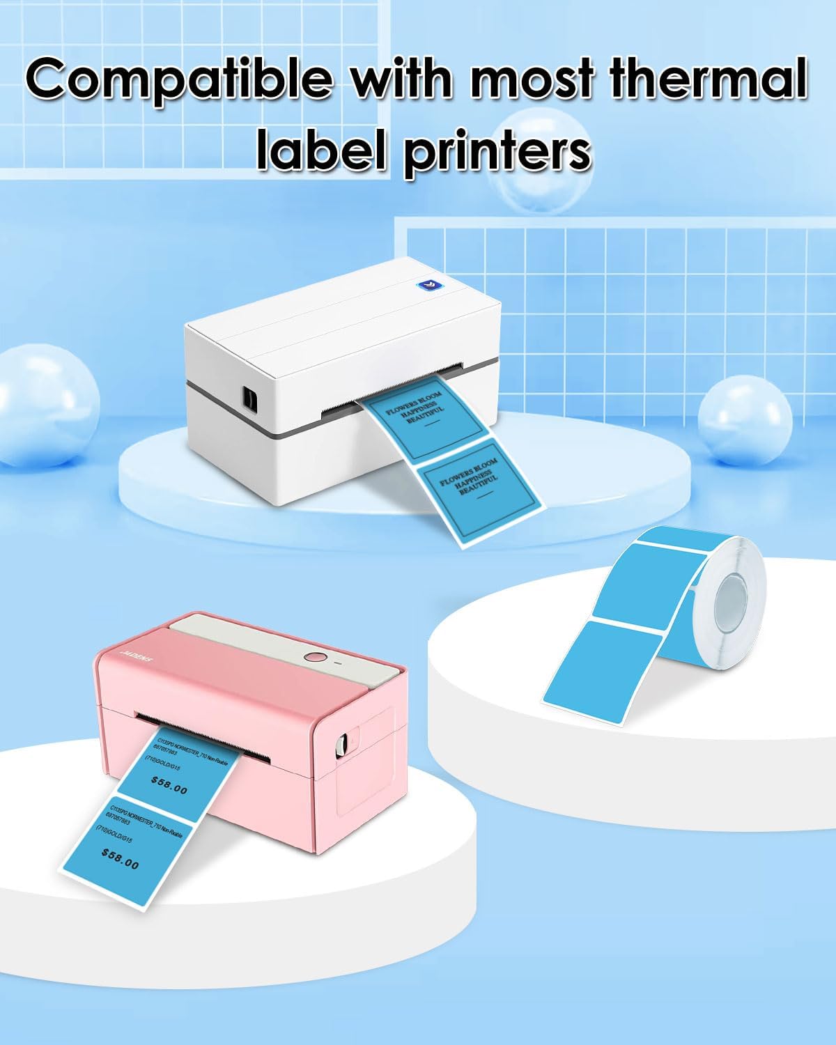 iEager Blue Square Thermal Label Stickers, 2"x2" Self-Adhesive Square Direct Thermal Labels with Perforation Line, 500 Sheets/Roll