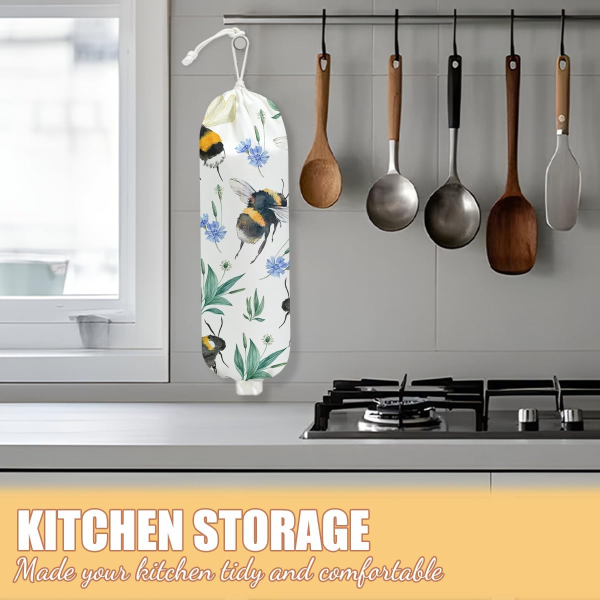 Bee Plastic Bag Holder, Wall Mount Grocery Bag Holder, Plastic Storage bag, Pull Rope Free Adjustment, Plastic Bag Holders for Grocery Bags, Plastic Bag Dispenser for Home Kitchen