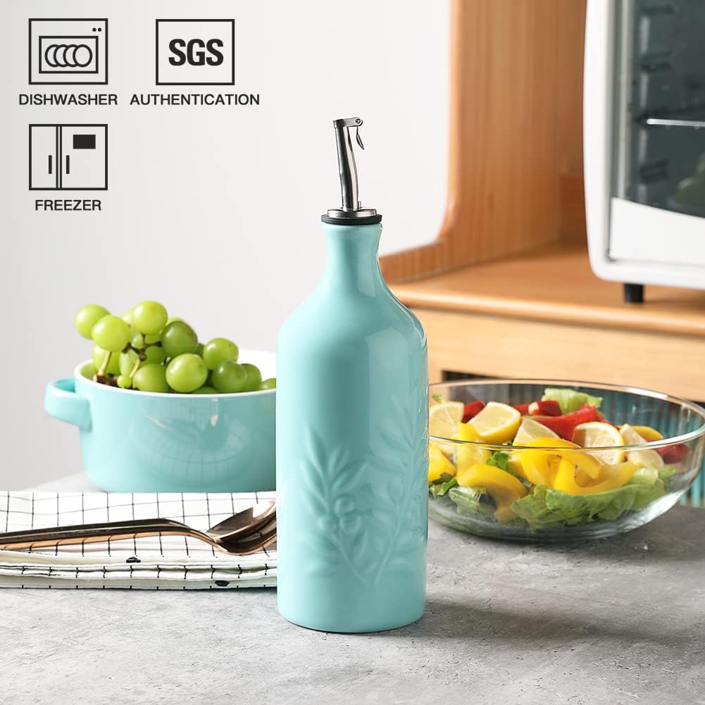 Sweejar Ceramic Olive Oil Dispenser Bottle, 20 Oz Relief Design EVOO Oil and Vinegar Dispensing Bottle with Spout for Kitchen, Set of 1 (Turquoise)