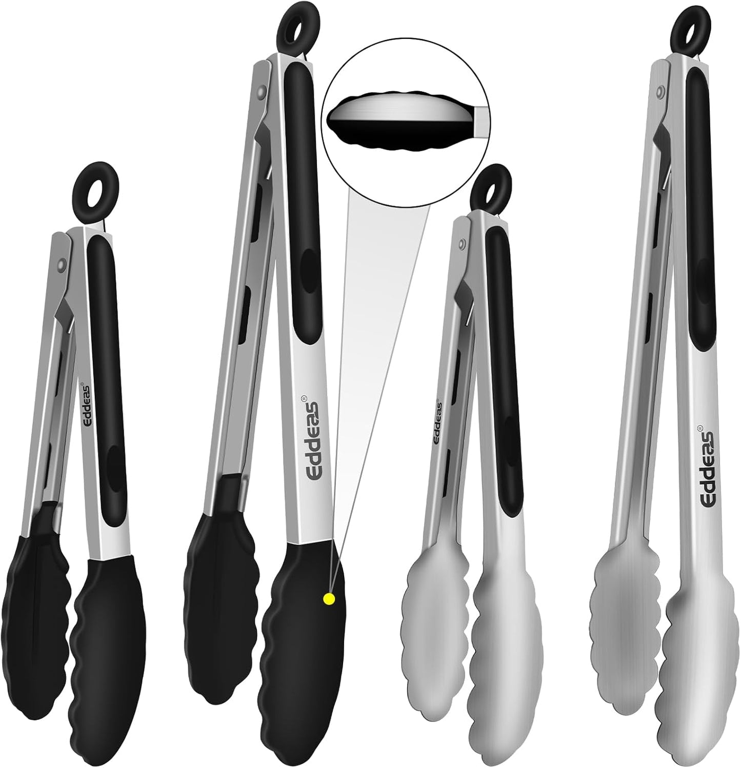 4 Pack Stainless Steel Locking Tongs - Heat Resistant 600 Degrees, 9" & 12" with Silicone Tips, Non-Slip Food Tongs, Heavy Duty, Non-Stick