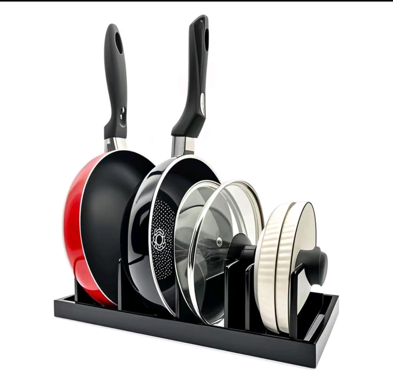 Bamboo Pot Lid Organizer for Cabinet & Kitchen Counter, Pan Lid Organizer Inside Cabinet, Pot Lid Holder, Sheet Pan Rack, Adjustable Pot Cover Holder Rack for Countertop, Under Cabinet Black