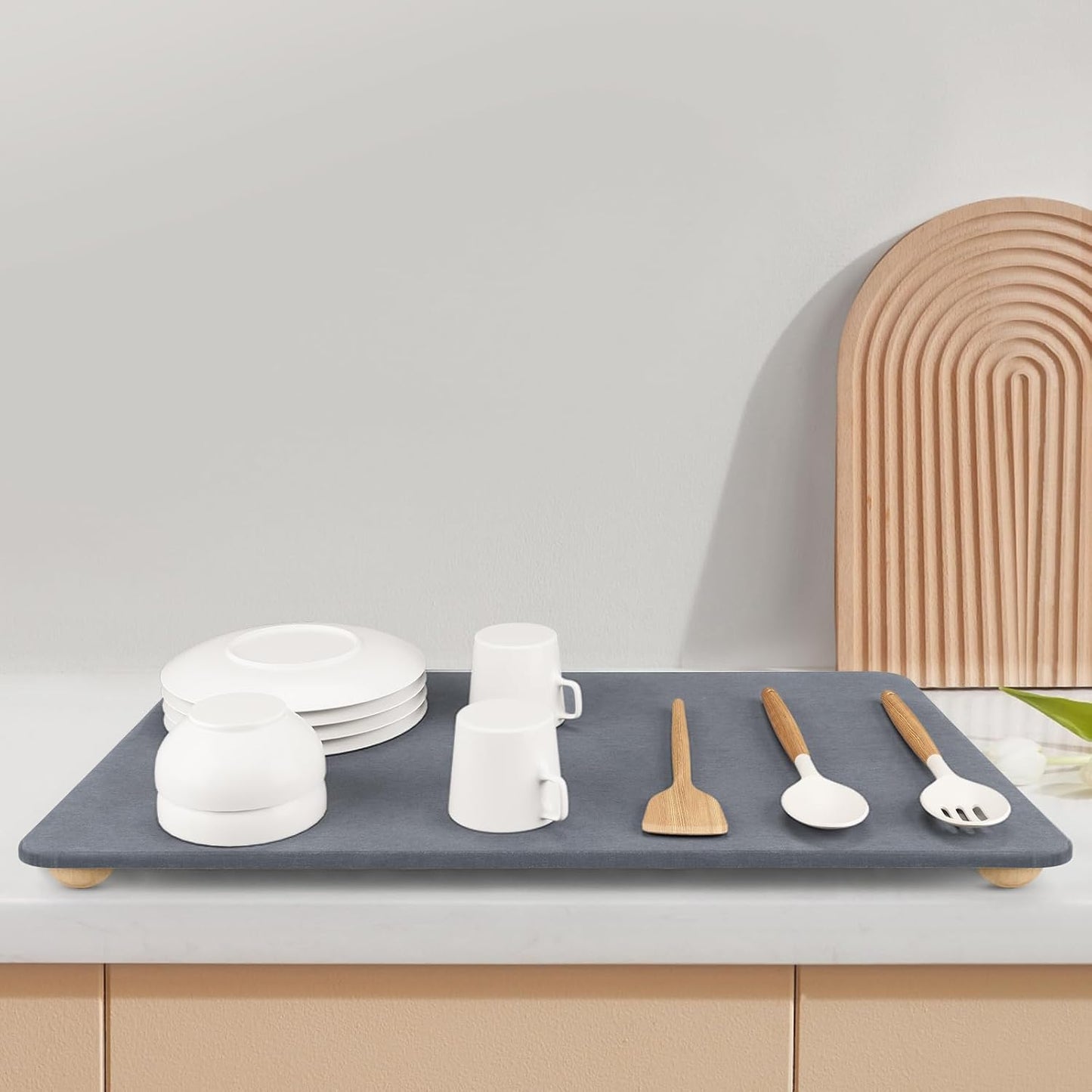 Large Stone Dish Drying Mat for Kitchen Counter, 18"×14" Quick Dry Super Absorbent Eco-Friendly Diatomaceous Earth Stone Mat with hemisphere wooden feet, Non-slip, Heat Resistant, Multi-purpose mats