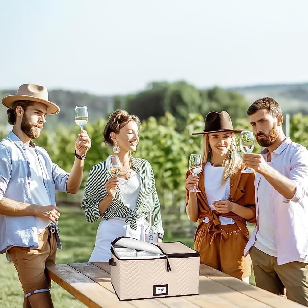 Champagne Flute Glass Storage Box with Dividers - Holds 12 Champagne Flute Glass up to 3" Wide - Stemware Storage Case - Protects Fine China - Durable Quilted Microfiber Bin with Carry Handles