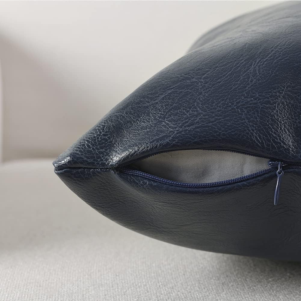 Fancy Homi Navy Blue Lumbar Waterproof Faux Leather Decorative Throw Pillow Covers 12x20 Inch for Outdoor Couch Bed, Modern Farmhouse Boho Home Decor, Blue Hand Stitched Cushion Case 30x50 cm