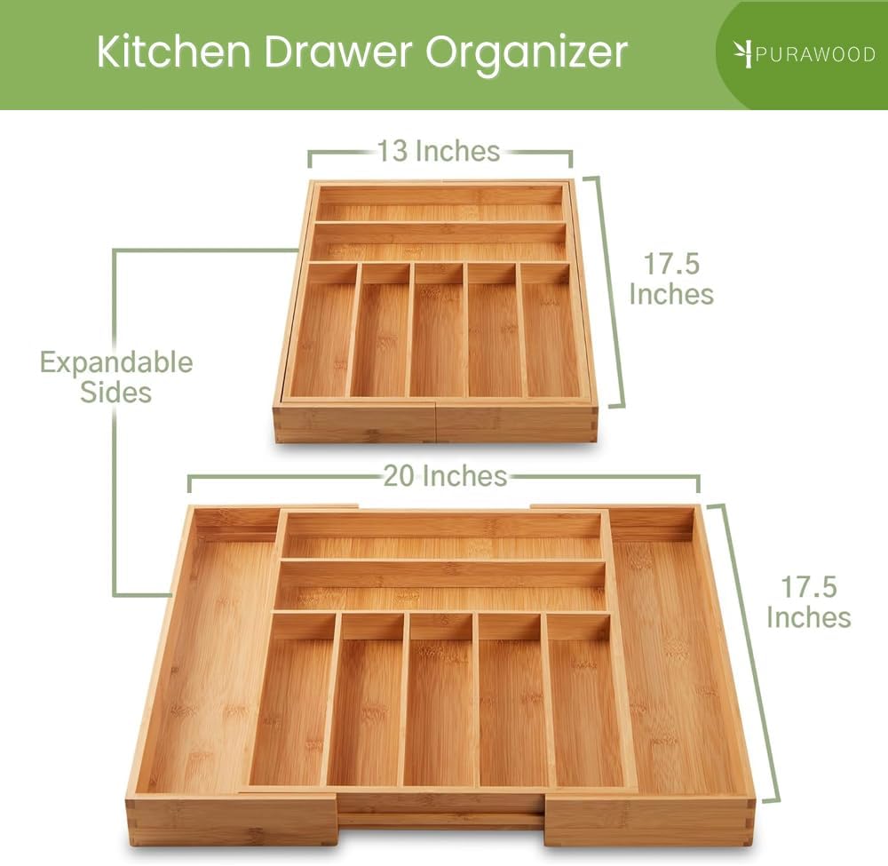 Bamboo Drawer Organizer, 2 Pack - Expandable Silverware Organizer & Utensil Drawer Organizer, Cutlery Tray with Dividers, 7-9 Slots- Premium Kitchen Organizer for Utensils & Flatware (Natural)