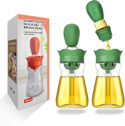 Oil Dispenser with Brush-2Pack 7oz/200ML 2 IN 1 Glass Cooking Oil Dispenser Bottle with Silicone Basting Brush for Kitchen, Oil Storage and Container for Cooking BBQ, Vinegar, Sauce, Air Fryer - Green