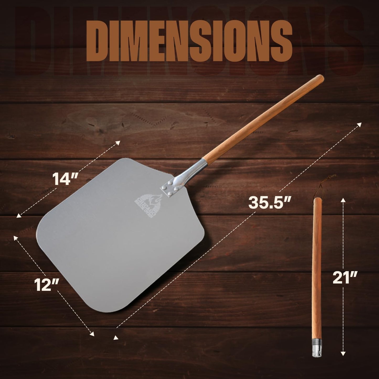 Chicago Brick Oven Pizza Peel 12" x 14", Pizza Paddle, 35.5" Long Aluminum Metal Pizza Peel with Detachable 21" long Wooden Handle, Pizza Turning Spatula, Pizza Shovel