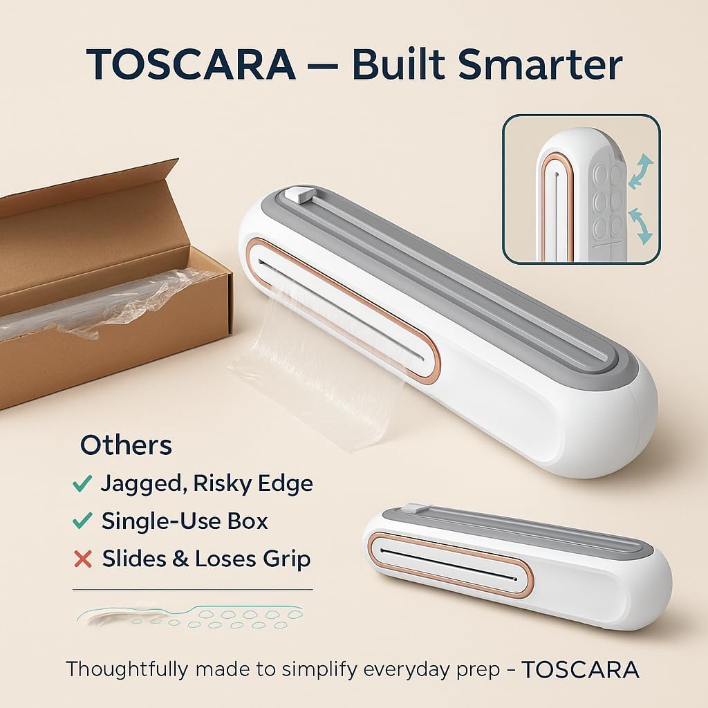 Food Plastic Wrap Dispenser – Refillable ABS Plastic Wrap Dispenser with Safe Slide Cutter – Compact Cling Film, Foil & Baking Paper Easy-Cut Organizer for Fresh Food Storage- Fit 30cm roll