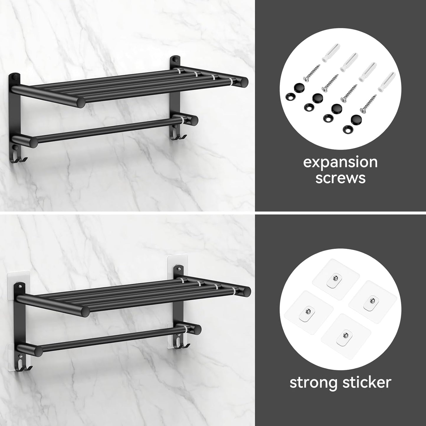 Adjustable Towel Bar for Bathroom Wall Mount17-30.7inch Adhesive Shower Towel Rack Stainless Steel Bath Towel Holders for Toilet Kitchen Double Towel Hanger (Black 2-Layer Towel Rack)