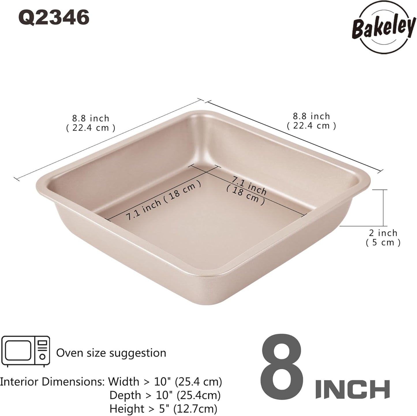 8 inch square cake pan (Set of 2), 8 inch square baking pan, 8 in square pan, Non-stick carbon steel, 8'' Brownie Pan and Loaf Pan (Champagne Gold)