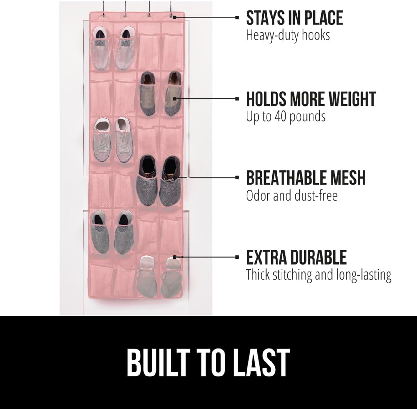 GORILLA GRIP Over the Door Shoe Organizer, 24 Large Breathable Mesh Pockets, Space Saving Hanging Storage Holder, Closet Rack Hanger Holds Up to 40 lbs, Hangs on Closets for Shoes, Accessories, Pink
