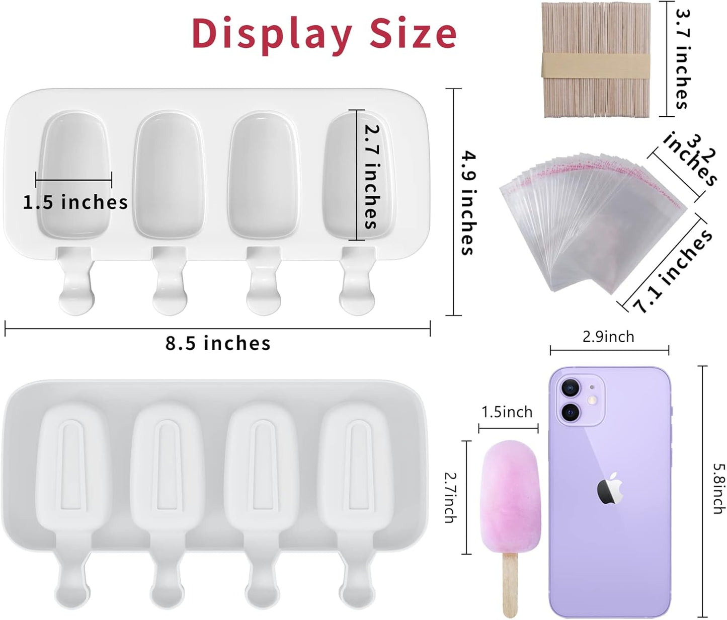 Popsicle Molds Set of 3, 12 Cavities Silicone Popsicle Molds & Ice Cake Pop Mold Maker Oval with 50 Wooden Sticks & 50 Self-adhesive Bags for DIY Cake and Ice Cream