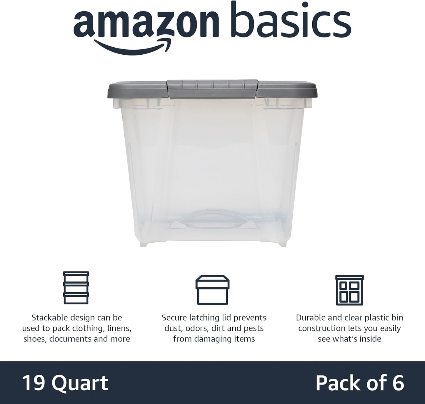 Amazon Basics Plastic Storage Containers with Secure Latching Lids, Stackable Organization Bins, Clear/Grey, 19 Quart, Set of 6