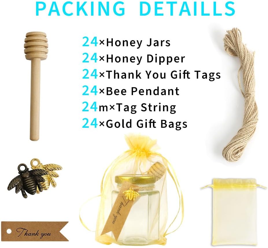 24 Pack 4oz Glass Hexagon Honey Jars Golden Lids -Wooden Honey Dipper, Bee Charms, Tag String, Gold Gift Bags, Thank You Gift Tags, Wedding Favors Baby Shower Party (Gold 24 bags)