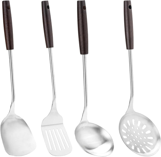 FJNATINH Cooking Utensils - Spatula, Ladle, Skimmer Spoon, Slotted Spatula - 4 Pieces Stainless Steel Wok Utensils Set for Carbon Steel