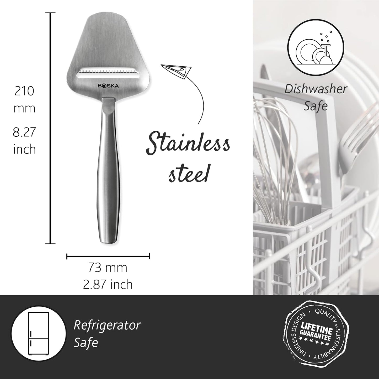 Boska Stainless Steel Cheese Slicer - Copenhagen For All Types of Cheese - Multi-Functional Cheese Slicer - Handheld Slicer - Silver Non-Stick - Dishwasher Safe - For Kitchen Cooking