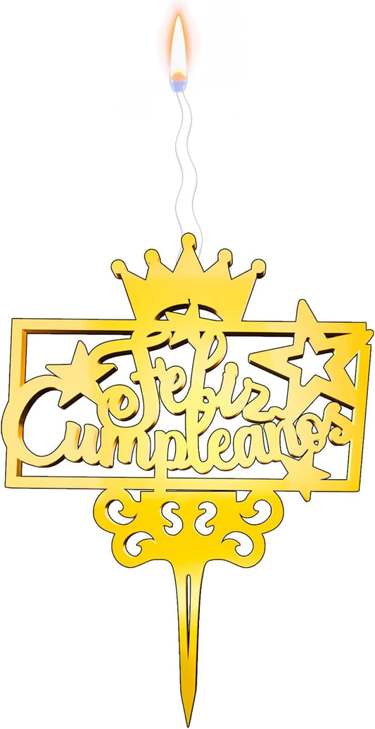 Feliz Cumpleanos Reusable Gold Romantic Cake Candle - Luxury Cake Topper Candle for Birthdays, Weddings & Anniversaries - Reusable Food Safe Acrylic, Shiny Mirror Finish - Happy Birthday Cake Topper