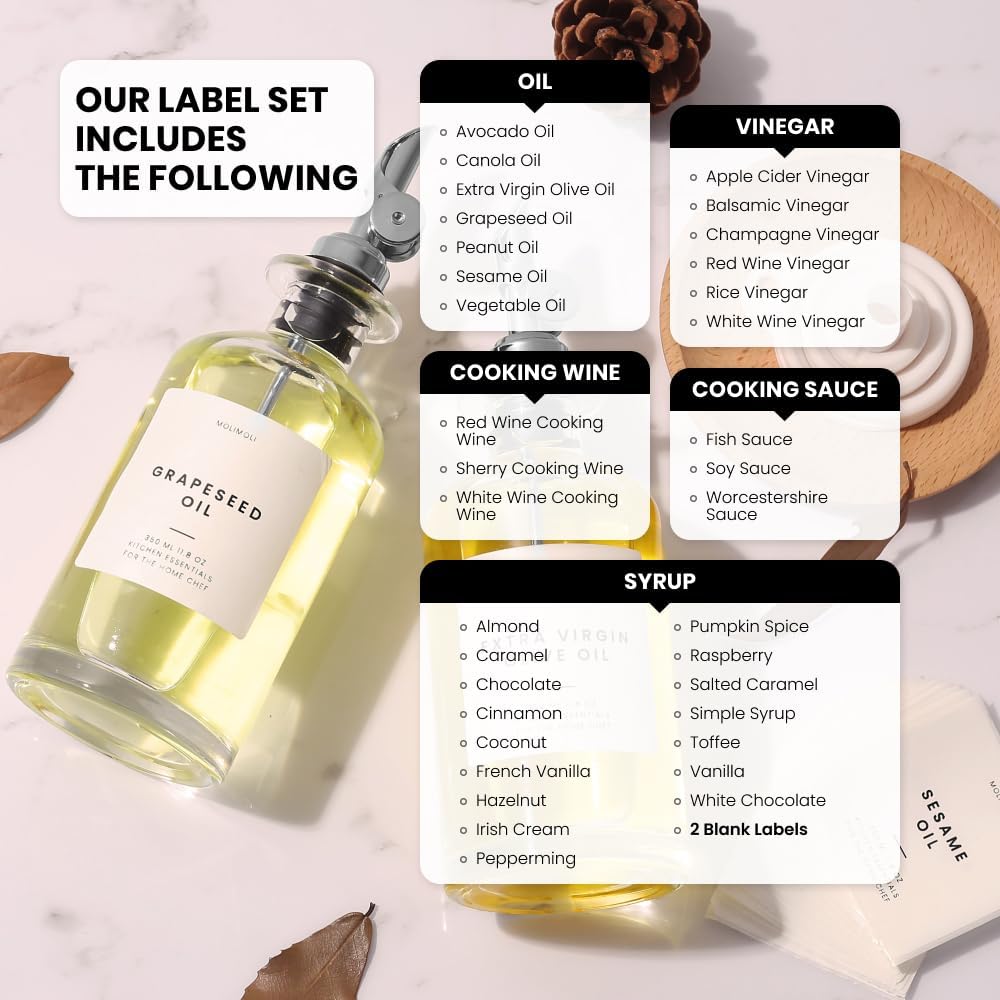 Molimoli Olive Oil Dispenser Bottle for Kitchen, Oil Dispenser w. Weighted Pourer, Glass Bottle Dispenser for Kitchen, Olive Oil Cruet, Glass Olive Oil Bottle | 350ml, Set of 4