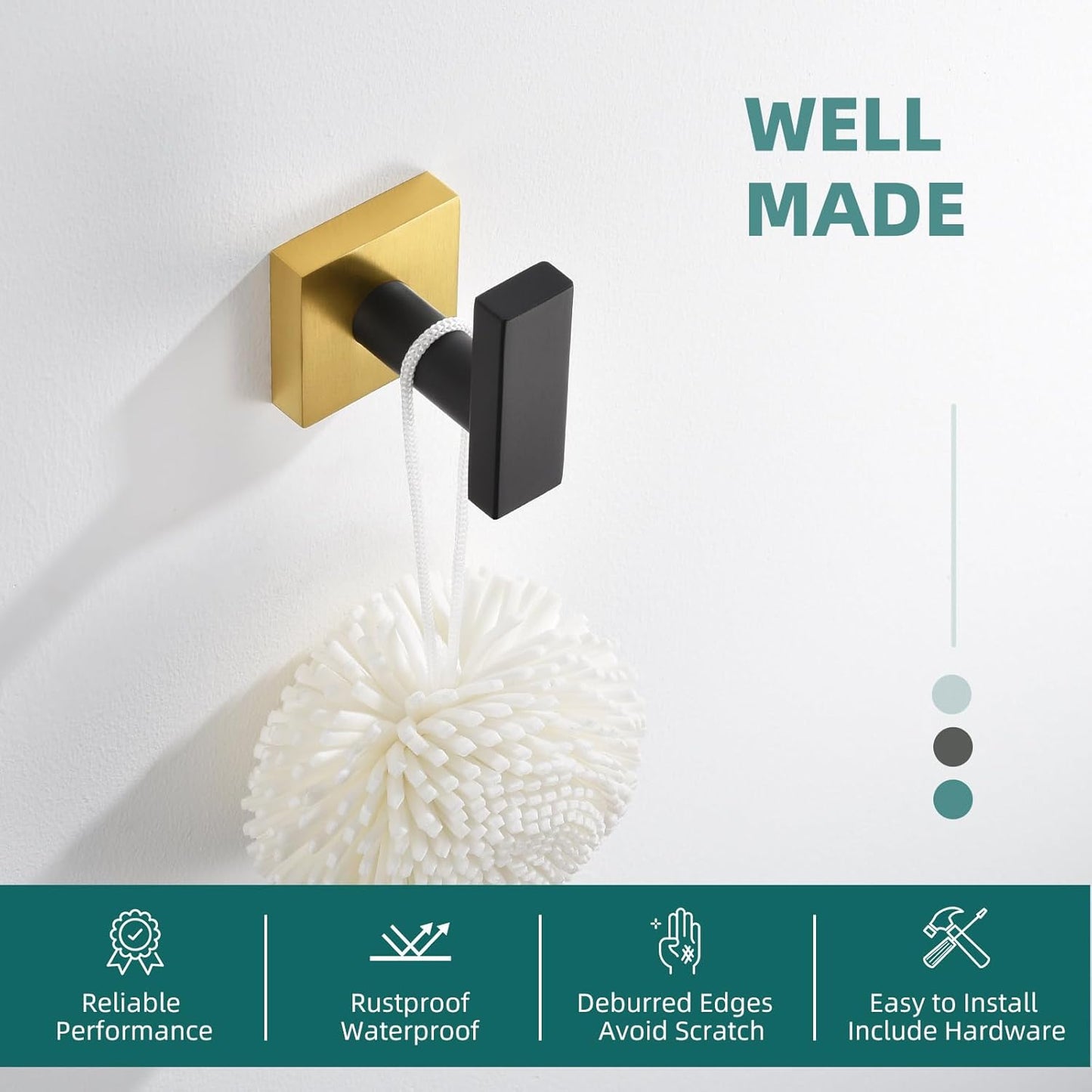 Angle Simple Towel Hook Black & Gold, Stainless Steel Bathroom Towel Holder, Robe Hook, Kitchen Towel Hanger, Wall Mount