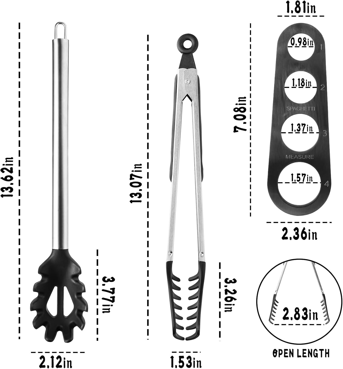Spaghetti Spoon and Pasta Tong Set, Silicone Pasta Fork with Stainless Steel Handle and Pasta Measuring Instrument, Toothed Pasta Spoon, Pasta Cooking Tool