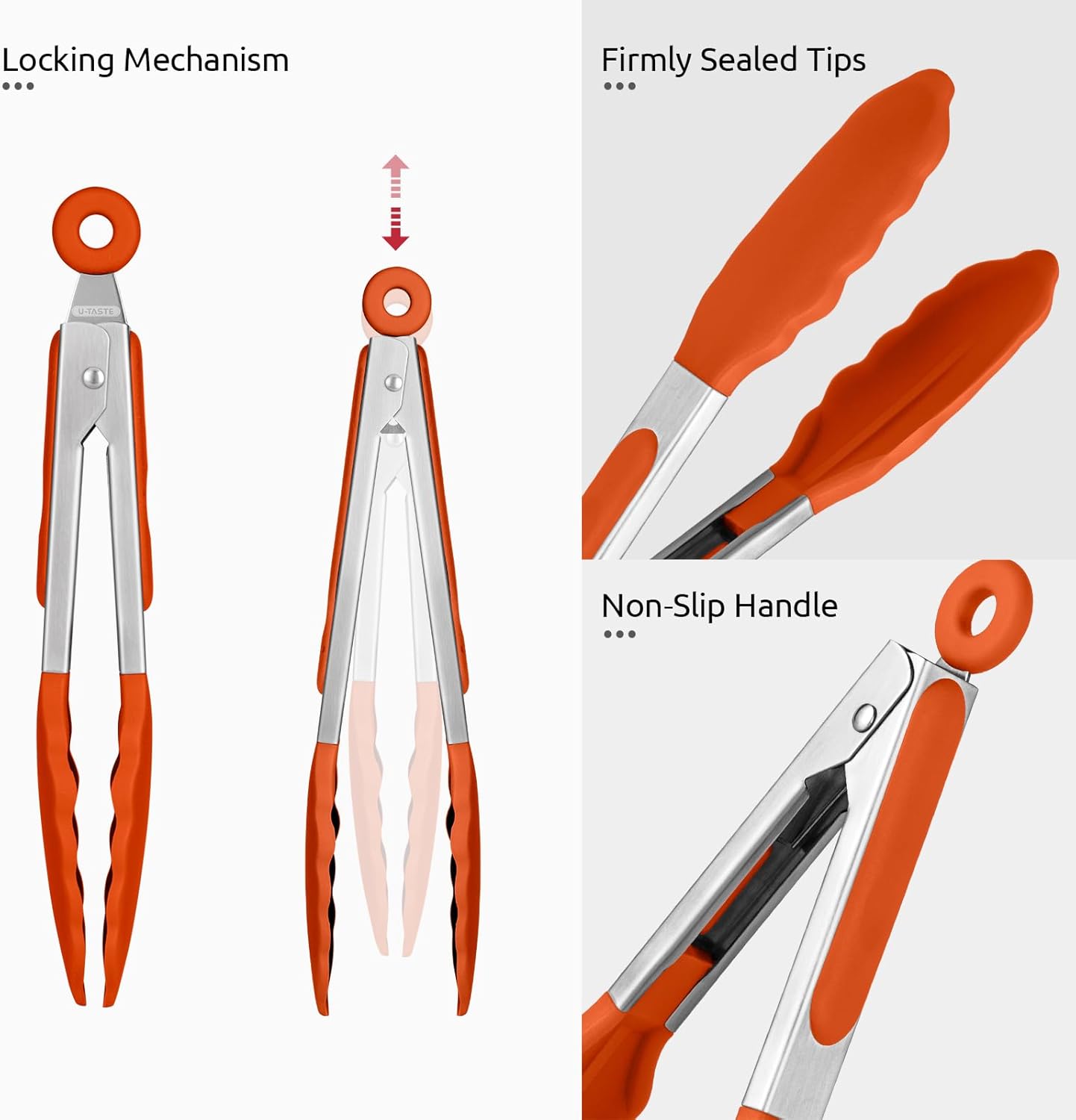 480ºF Heat Resistant Kitchen Tong: U-Taste 7 inch Silicone Cooking Tong with Firm Sealed Non Stick Rubber Tips & Silicon Coated 18/8 Stainless Steel Handle & Smooth Locking for Serving Salad (Orange)